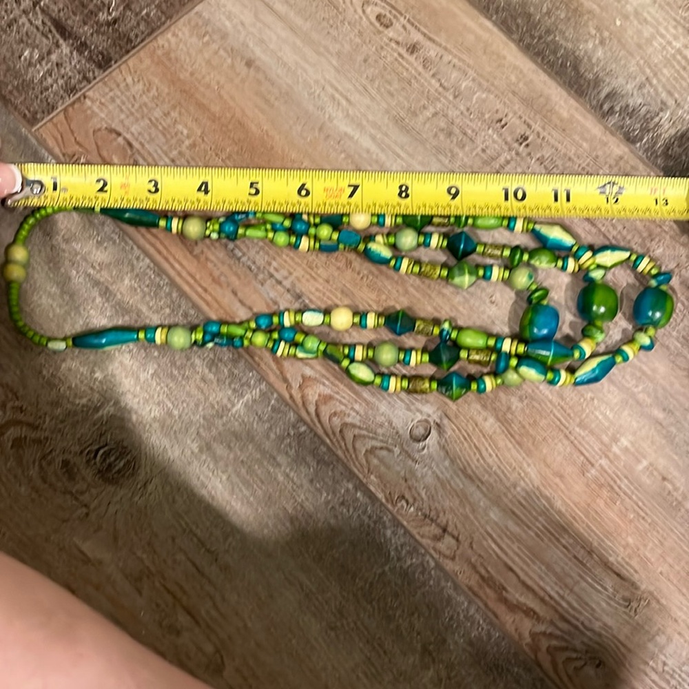 Chunky wooden bead necklace green blue #boho #indie necklace. 3-strand. Vintage - Picture 4 of 4